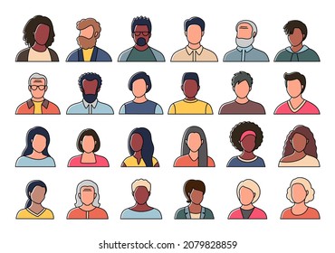 Set of persons, avatars, people heads of different ethnicity and age in flat style. Multi nationality social networks people faces collection.