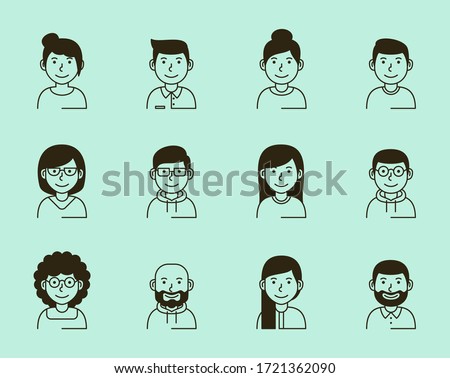 Set of persons, avatars, people heads of different ethnicity and age in flat style. Multi nationality social networks people faces collection.
