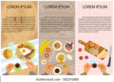 Set of Persons are eating, top view. Menu for breakfast, lunch or dinner. Vector illustration eps 10.