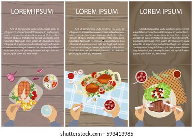 Set of Persons are eating, top view. Menu for breakfast, lunch or dinner. Vector illustration eps 10.