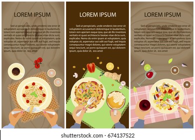 Set of Persons are eating, top view. Italian pasta Menu for lunch or dinner. Vector illustration eps 10.