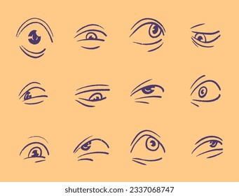 Set of persons eyes express various human feelings. Sad, unhappy, angry, terrified and fear emotions, different expressions. Any people mood. Hand drawn sketch isolated vector illustration collection