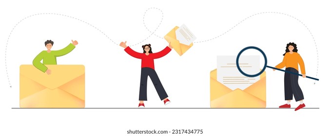 Set with persons sending letters, received e-mail, admitting the documents, receiving positive answer, getting incoming letter by e-mail with admitted documents, hiring people on work concept