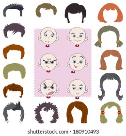 Set of persons with six different expressions, replaceable hairdo for personage. Hairdo person: smile, mugs, cut faces, make a face.