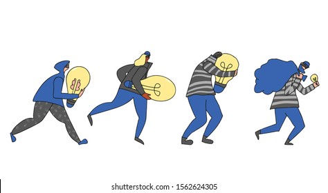 Set of persons stealing an idea metaphor. Collection of different pirates isolated on white background. Thiev running away with a light bulb in their hands. Vector illustartion in doodle style.