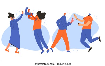 Conjunto de personas en lentes de realidad virtual aisladas en fondo blanco. Equipos de hombres y mujeres trabajando juntos con auriculares vr. La gente usa tecnología futura para la comunicación. Ilustración vectorial.