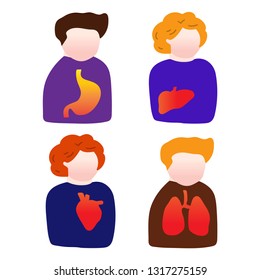 Set of persons who feels pain in heart, liver, lungs, stomach. Medical concept. Vector icons illustration on white background.