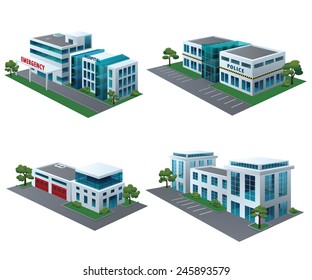 Set Of Perspective Community Buildings: Hospital, Fire Station, Police And Office Building.