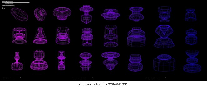 Set of perspective element, grids, tunnels, polar grid, geometry, gravity visualization. Pack of cyberpunk 80's, style design. Vector illustration