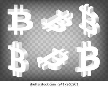 Set of perspective projections 3d Bitcoin Sign model icons on transparent background.  High detailed 3d sign of Bitcoin. BTC. Abstract concept of graphic elements for your design. EPS 10