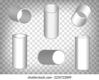 Set of perspective projections 3d cylindrical container model icons on transparent background.  3d cylindrical containers. Abstract concept of graphic elements for your web site design, app, UI