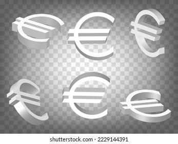 Set of perspective projections 3d Euro Sign model icons on transparent background.  High detailed 3d sign of Euro.  Abstract concept of graphic elements for your design. EPS 10