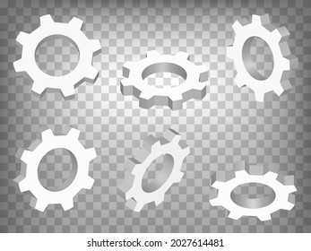 Set of perspective projections 3d gears model icons on transparent background.  3d gear.  Abstract concept of graphic elements for your web site design, app, UI. EPS 10