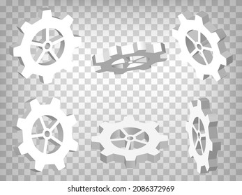Set of perspective projections 3d gears model icons on transparent background. 3d gearwheel. Abstract concept of graphic elements for your web site design, app, UI. EPS 10