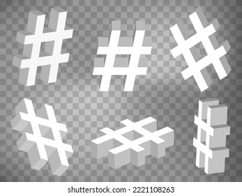 Set of perspective projections 3d hashtag on transparent background.  Network hashtag icon.  Abstract concept of graphic elements for your design. EPS 10