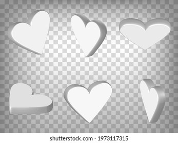 Set of perspective projections 3d hearts model icons on transparent background.  3d heart.  Abstract concept of graphic elements for your web site design, app, UI. EPS 10 