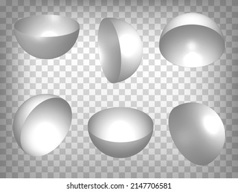 Set of perspective projections 3d hemisphere model icons on transparent background.  3d hollow hemisphere.  Abstract concept of graphic elements for your web site design, app, UI. EPS 10