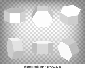 Set of perspective projections 3d Hexagonal prisms model icons on transparent background.  3d Hexagonal prism.  Abstract concept of graphic elements for your web site design, app, UI. EPS 10  