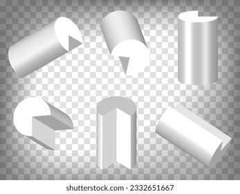 Set of perspective projections 3d incomplete cylinders model icons on transparent background.  3d cylinders.  Abstract concept of graphic elements for your web site design, app, UI. EPS 10