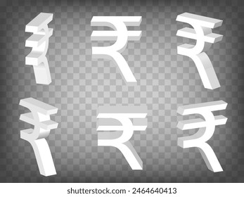 Set of perspective projections 3d Indian rupee Sign model icons on transparent background.  High detailed 3d sign of Indian rupee.  Abstract concept of graphic elements for your design. EPS 10