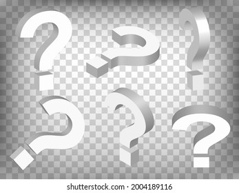 Set of perspective projections 3d Large Question mark model icons on transparent background.  3d Large Question mark.  Abstract concept of graphic elements for your web site design, app, UI. EPS 10  