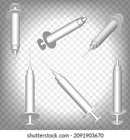 Set of perspective projections 3d medical syringe model icons on transparent background.  3d syringe.  Abstract concept of graphic elements for your web site design, app, UI. EPS 10