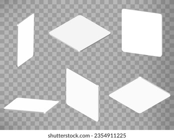 Conjunto de proyecciones de perspectiva 3d modelo de tarjeta de visita cuadrada realista con esquinas redondeadas sobre fondo transparente.   Concepto abstracto de elementos gráficos para su diseño. EPS 10