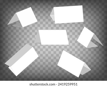 Set of perspective projections 3d model of table stand paper cards  on transparent background.  Blank menu display mockup for your design. EPS 10
