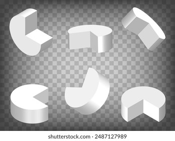 Set of perspective projections 3d model of realistic sector on transparent background.  Sector of cylinder 3d icon with different views and angles.  Abstract concept of graphic elements . EPS 10