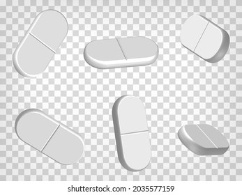 Set of perspective projections 3d pill model icons on transparent background.  3d pills.  Abstract concept of graphic elements for your web site design, app, UI. EPS 10