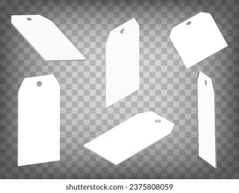 Set of perspective projections 3d shopping tag on transparent background. Blank shopping tag 3d icon illustration with different views and angles. Concept of graphic elements for your design. EPS 10