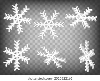 Set of perspective projections 3d Snowflake model icons on transparent background.  3d Snowflake icon illustration with different views and angles.  Abstract concept of elements for your design