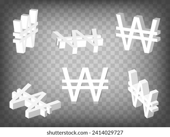 Conjunto de proyecciones de perspectiva 3d Surcoreano ganó Iconos de modelo de Signo en fondo transparente.  Alta señal detallada en 3d de la victoria surcoreana.  Concepto abstracto de elementos gráficos para su diseño. EPS 10