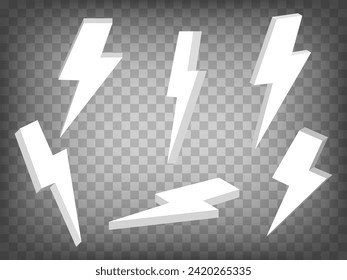 Set of perspective projections 3d Thunderbolt Symbol on transparent background. Blank Thunderbolt Symbol 3d icon illustration with different views and angles. Concept of graphic elements. EPS 10