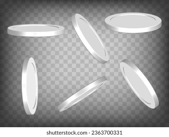 Set of perspective projections 3d token on transparent background. Blank coin 3d icon illustration with different views and angles. Concept of graphic elements for your design. EPS 10