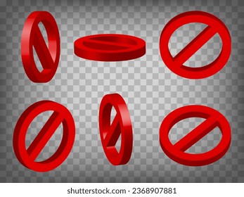 Set of perspective projections 3d Warning stop symbol on transparent background. Red warning stop symbol 3d icon illustration with different views and angles. Graphic elements for your design. EPS 10