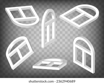 Set of perspective projections 3d white arched window on transparent background. Window 3d icon illustration with different views and angles. Concept of graphic elements for your design. EPS 10