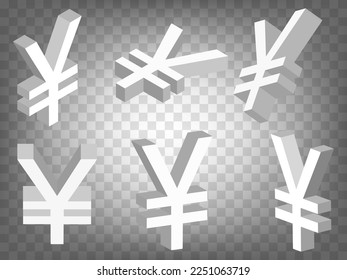 Set of perspective projections 3d Yen Sign model icons on transparent background.  High detailed 3d simbol of Yen .  Abstract concept of graphic elements for your design. EPS 10