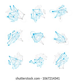 Set of perspective technology shapes, polygonal wireframe objects collection. Abstract faceted elements for use as design structures on communication technology theme.