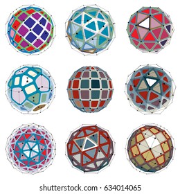 Set of perspective technology shapes, polygonal wireframe objects collection. Abstract faceted elements for use as design structures on communication technology theme