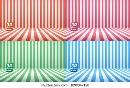 Set of perspective vertical striped red green blue and white studio backdrop with empty space for your content or product picture.  Abstract empty pastel studio room background concept. Vector EPS10