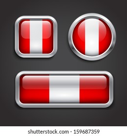 Set of Peru flag glass buttons, vector illustration
