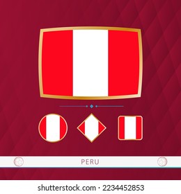 Set of Peru flags with gold frame for use at sporting events on a burgundy abstract background. Vector collection of flags.