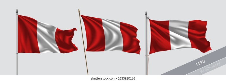 Set of Peru waving flag on isolated background vector illustration. 3 Peruvian wavy realistic flag as a symbol of patriotism