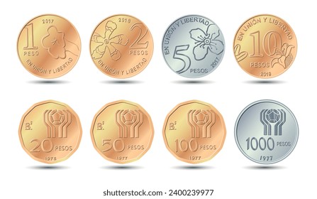 Set of pesos coin. Argentine pesos coins. Vector illustration.