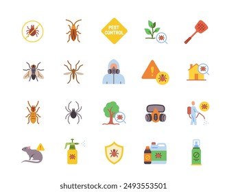 Set of pest control icon. Colorful symbols with insects, harmful animals and chemicals for their extermination. Design element for app. Flat vector illustration collection Isolated on white background