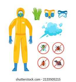 Set of Pest Control Icons, Isolated Cartoon Vector Insectologist wear Gas Mask, Gloves and Hazmat Suit. Cockroach, Rat, Tick and Fly Prohibition Signs, Dangerous Insects Warn, Toxic Insectecide Cloud