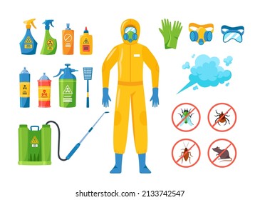 Set of Pest Control Icons, Isolated Cartoon Vector Insecticide Bottles, Insectologist in Gas Mask, Gloves and Hazmat Suit. Cockroach, Rat, Tick and Fly Insects Prohibition Signs, Toxic Cloud, Swatter