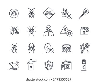 Set of pest control line icon. Signs related to extermination of harmful animals and insects using insecticide. Editable stroke. Outline vector illustration collection Isolated on white background