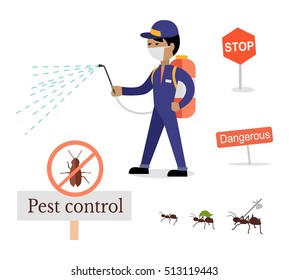 Set of pest control signs. Service employee pest control man in uniform with balloons and sprays. Banner for web page or website. Sign of a red circle with an insect. Vector illustration